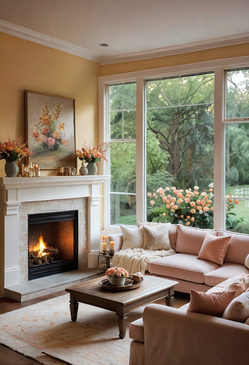 A cozy, romantic retreat featuring a beautifully decorated living space with soft lighting, plush furniture, and warm colors. Include elements like a crackling fireplace, blooming flowers in vases, and a window showing a sunset. The atmosphere should evoke feelings of love and tranquility, perfect for couples. This setting is surrounded by nature, perhaps with a glimpse of a serene garden outside. painting. warm pastel colors. intimate vibe.