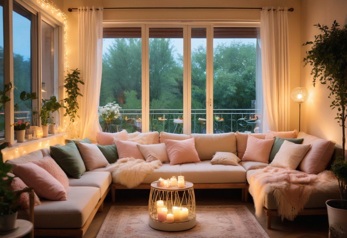 A cozy, intimate living room adorned with soft, warm lighting, plush furniture, and romantic decor like candles and flowers. A couple cuddles on a stylish sofa overlooking a balcony filled with greenery and twinkling fairy lights. The atmosphere is inviting and serene, capturing the essence of a love nest. soft focus. pastel colors. warm ambiance.